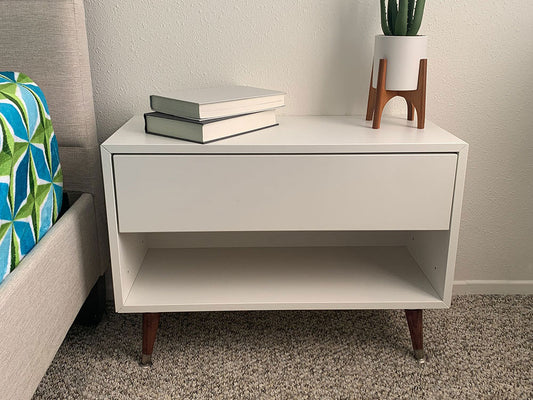 Quick DIY hack to transform an IKEA storage unit into a mid-century inexpensive night stand