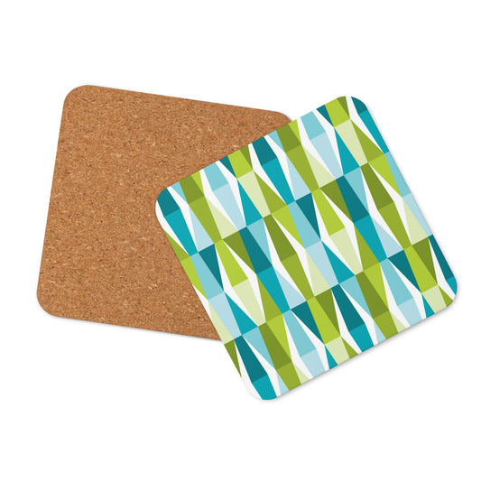 Mid Century Modern Aqua Green LozAnges Square Single Coaster with cork bottom