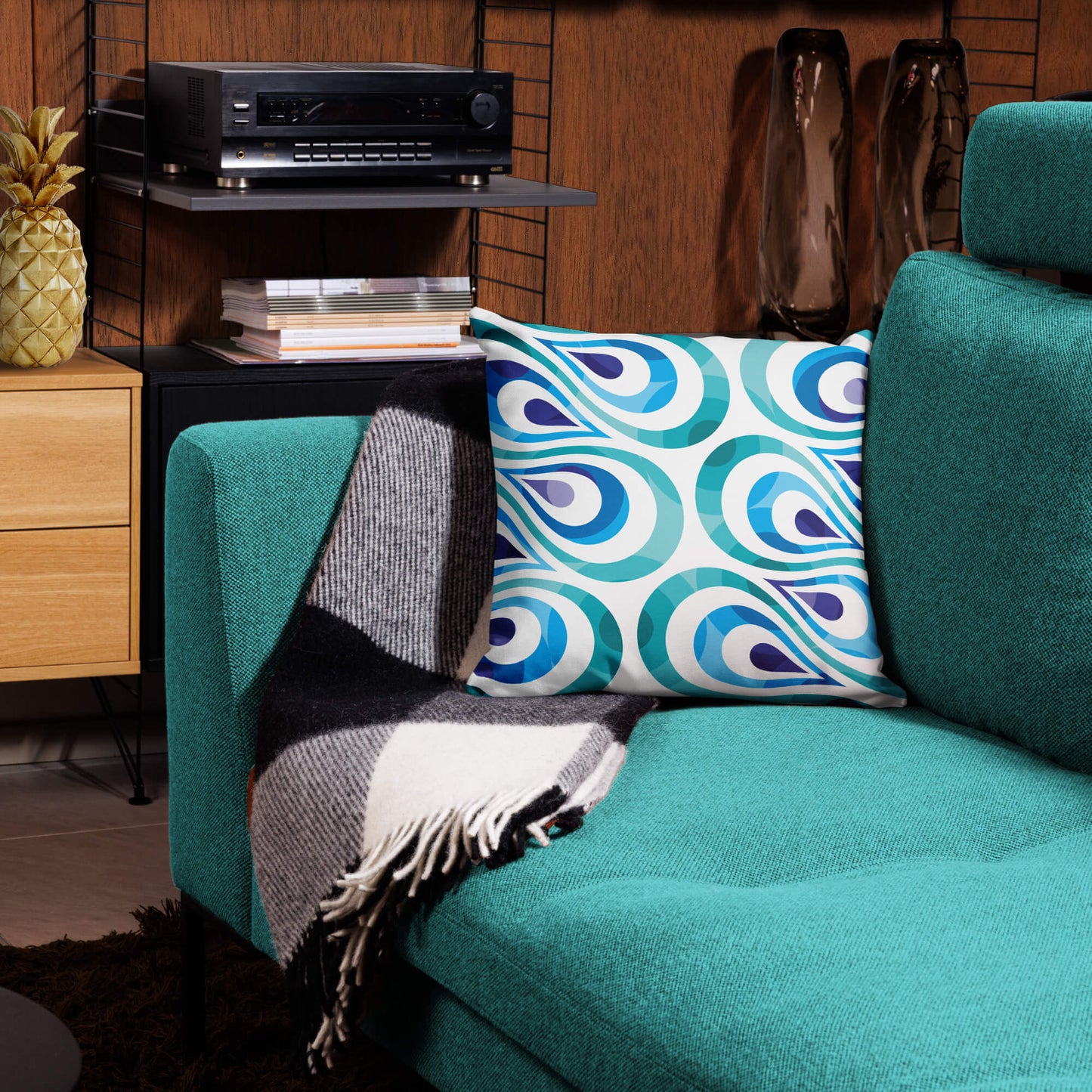 Mid Century Modern Aqua Blue TearDrops 18" Square Throw Pillow on a sofa