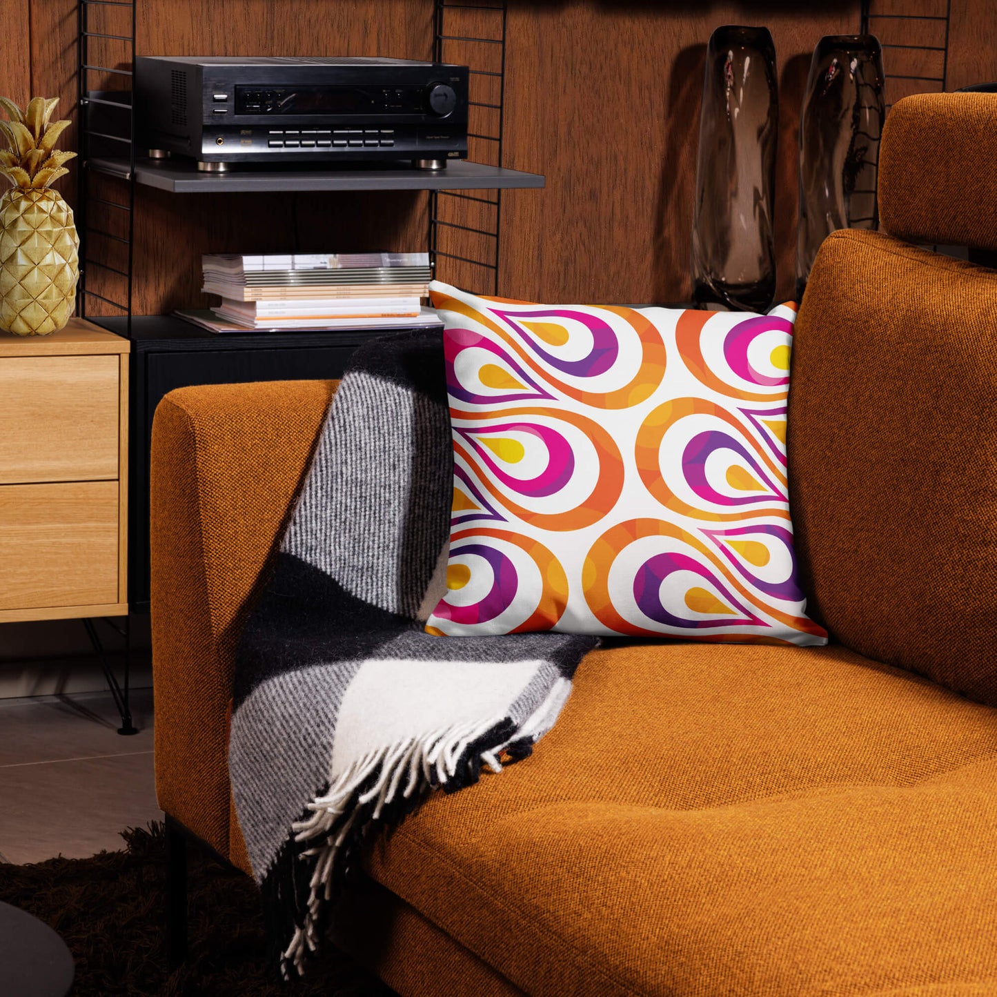 Mid Century Modern Orange Purple TearDrops 18" Square Throw Pillow on a sofa