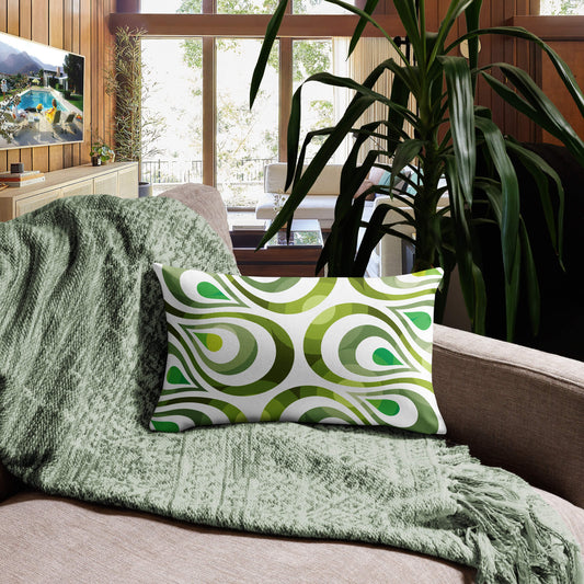 Mid Century Modern Olive Green TearDrops 20" x 12" Rectangular Throw Pillow in a living room