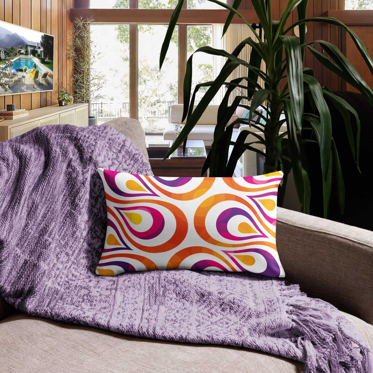 Mid Century Modern Orange Purple TearDrops 20" x 12" Rectangular Throw Pillow in a living room