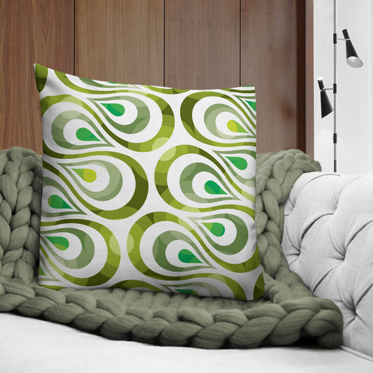 Mid Century Modern Olive Green TearDrops 22" Square Throw Pillow on a sofa