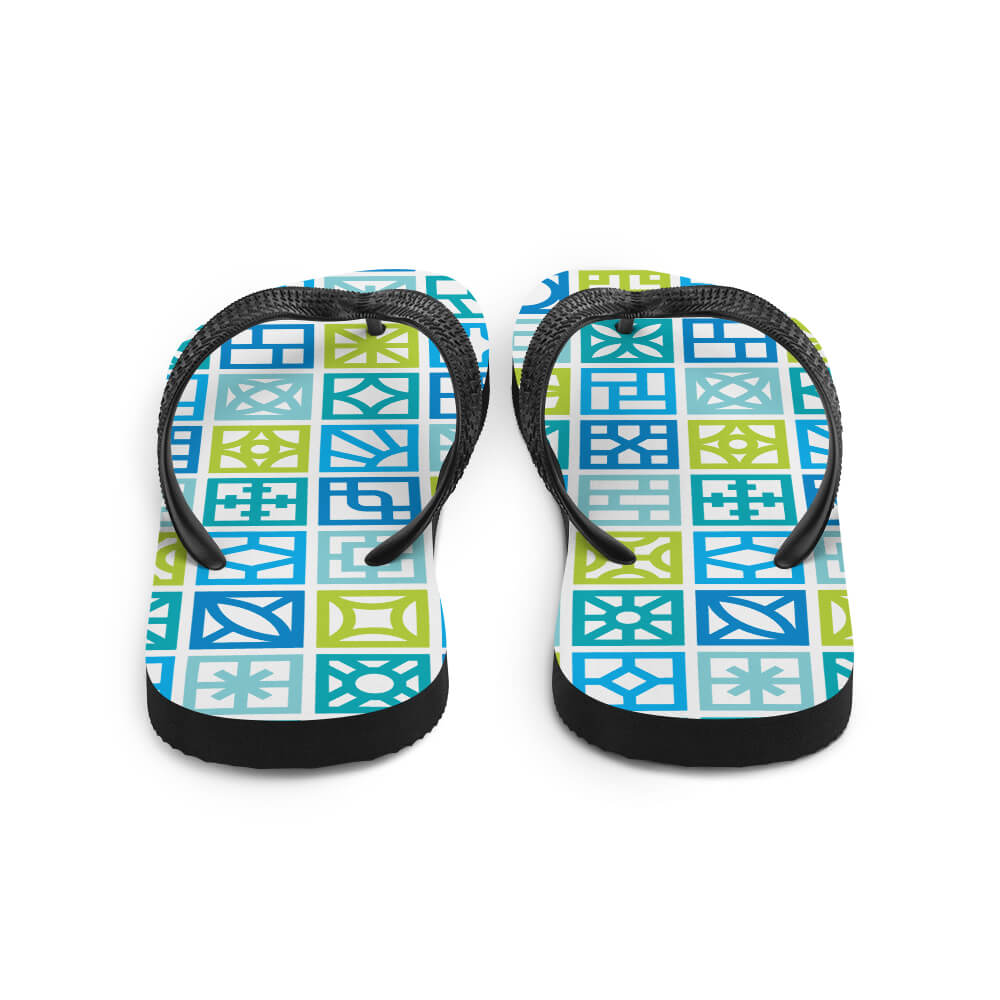 Mid Century Modern Blue Breeze Blocks Flip-Flops view from the back