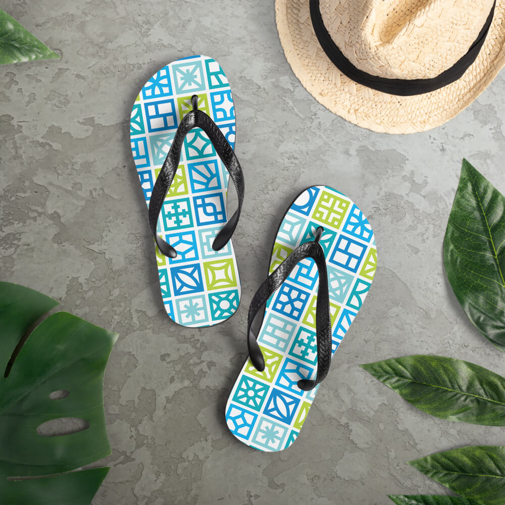 Mid Century Modern Blue Breeze Blocks Flip-Flops on a patio