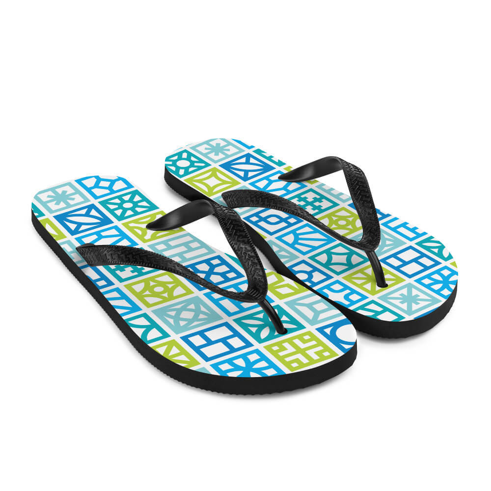Mid Century Modern Blue Breeze Blocks Flip-Flops angle view