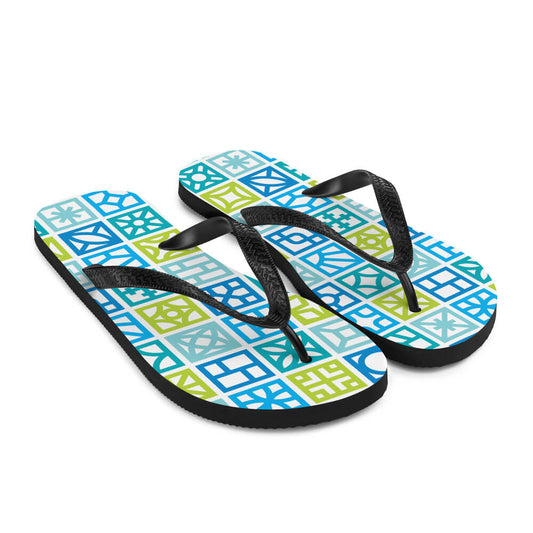 Mid Century Modern Blue Breeze Blocks Flip-Flops angle view