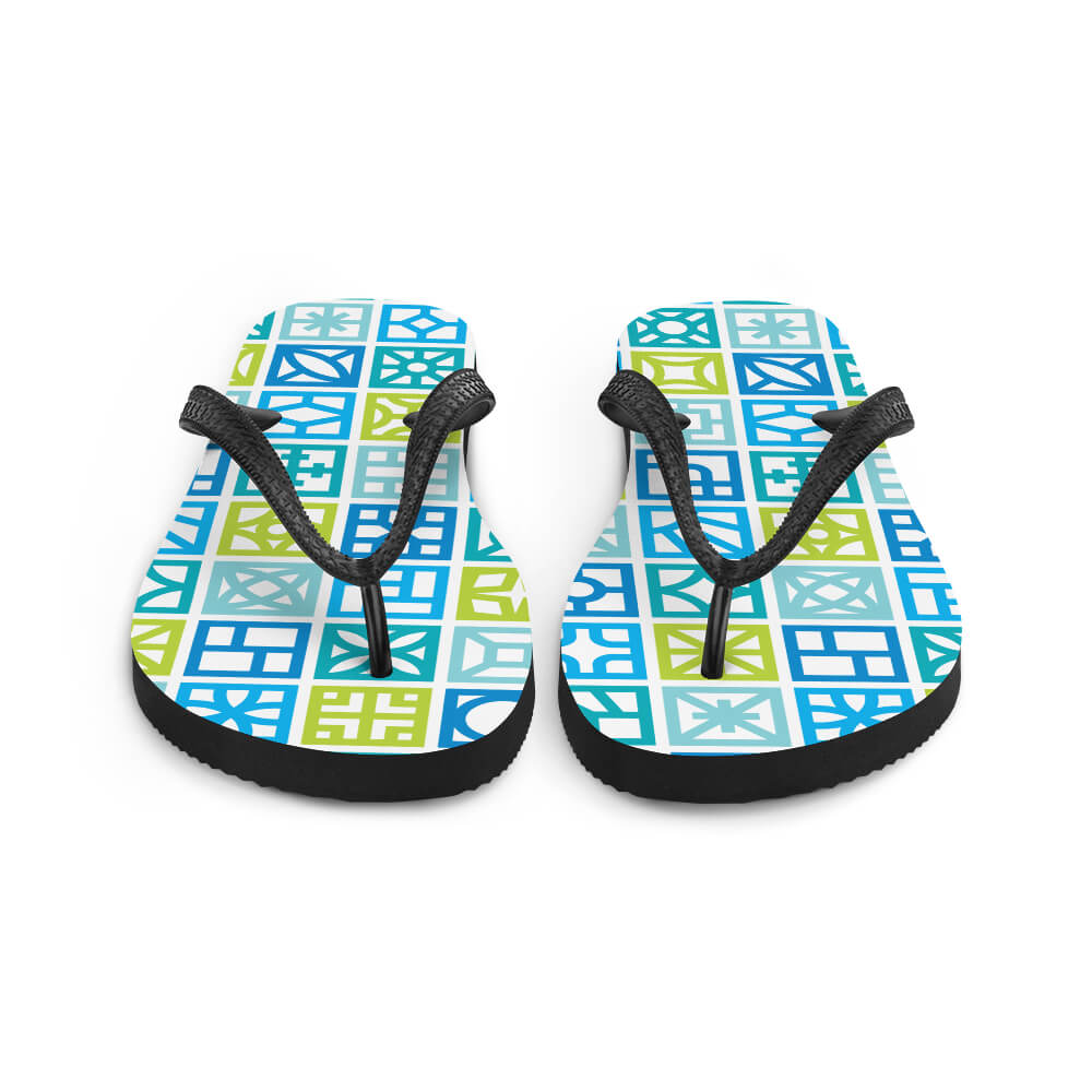 Mid Century Modern Blue Breeze Blocks Flip-Flops front view