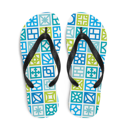 Mid Century Modern Blue Breeze Blocks Flip-Flops top view