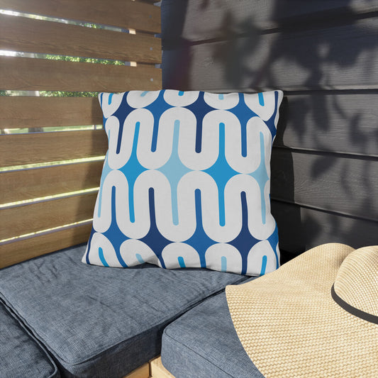 Mid Century Modern Blue Galaxie 18" Outdoor Pillow on a bench