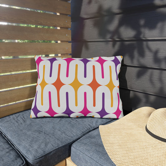 Mid Century Modern Orange Purple Galaxie 20" x 14" Outdoor Pillow on a bench