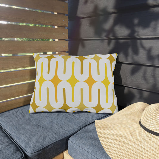 Mid Century Modern Yellow Galaxie 20" x 14" Outdoor Pillow on a bench