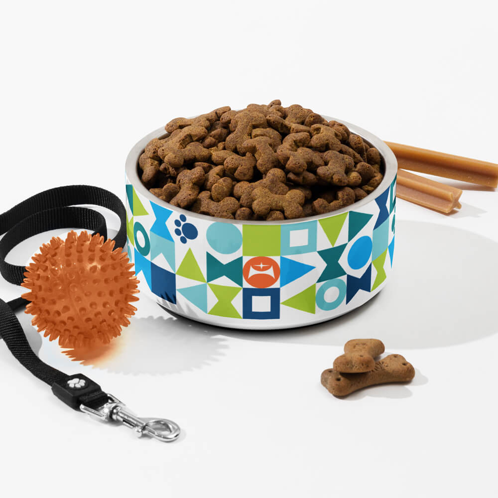 Mid Century Modern Blue Aqua Pawzl Pet Bowl 32oz with dog accessories