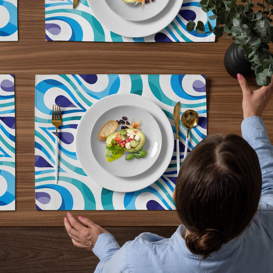 Mid Century Modern Aqua Blue TearDrops Placemats Set of 4 table top view