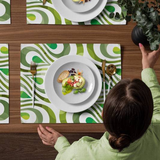 Mid Century Modern Olive Green TearDrops Placemats Set of 4 table top view