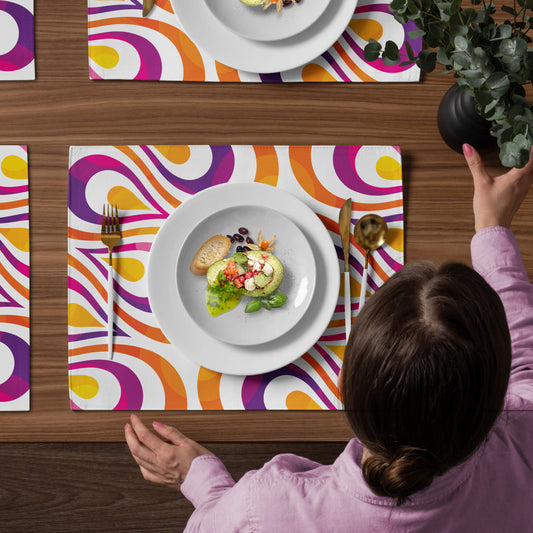 Mid Century Modern Orange Purple TearDrops Placemats Set of 4 table top view