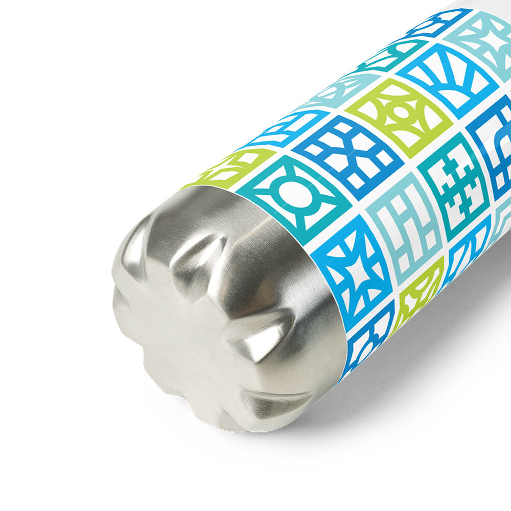 Mid Century Modern Blue Breeze Blocks 17 oz Stainless Steel Designer Water Bottle bottom view
