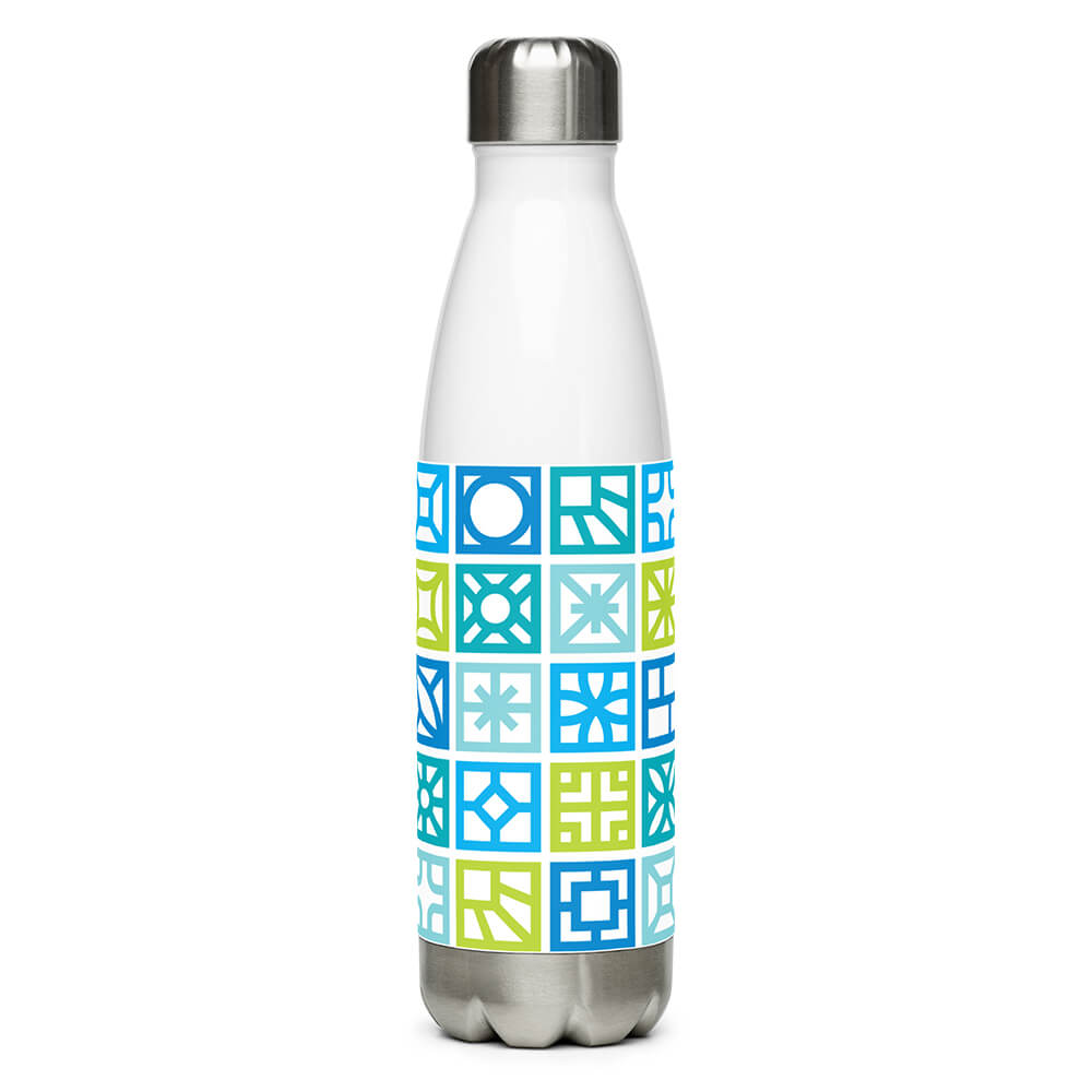 Mid Century Modern Blue Breeze Blocks 17 oz Stainless Steel Designer Water Bottle front view