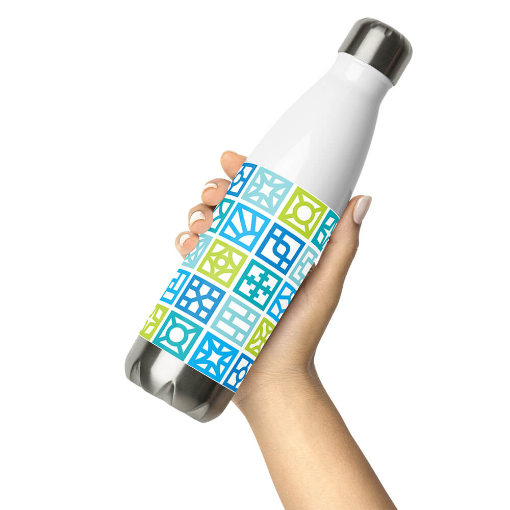 Mid Century Modern Blue Breeze Blocks 17 oz Stainless Steel Designer Water Bottle in hand