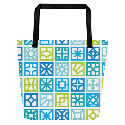 Mid Century Modern Blue Breeze Blocks Beach Bag front view