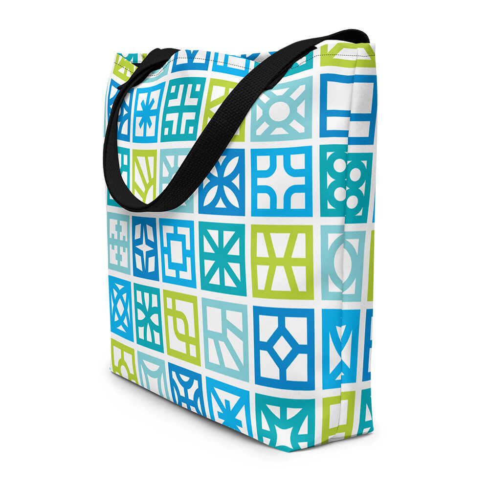 Mid Century Modern Blue Breeze Blocks Beach Bag side view