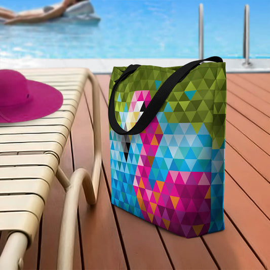 Mid Century Modern Flamingo Beach Bag on a patio deck
