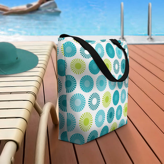 Mid Century Modern Aqua FlowerPower Beach Bag on a patio deck