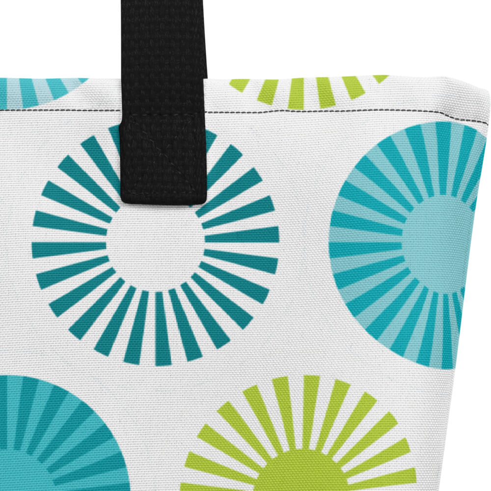 Mid Century Modern Aqua FlowerPower Beach Bag fabric close-up