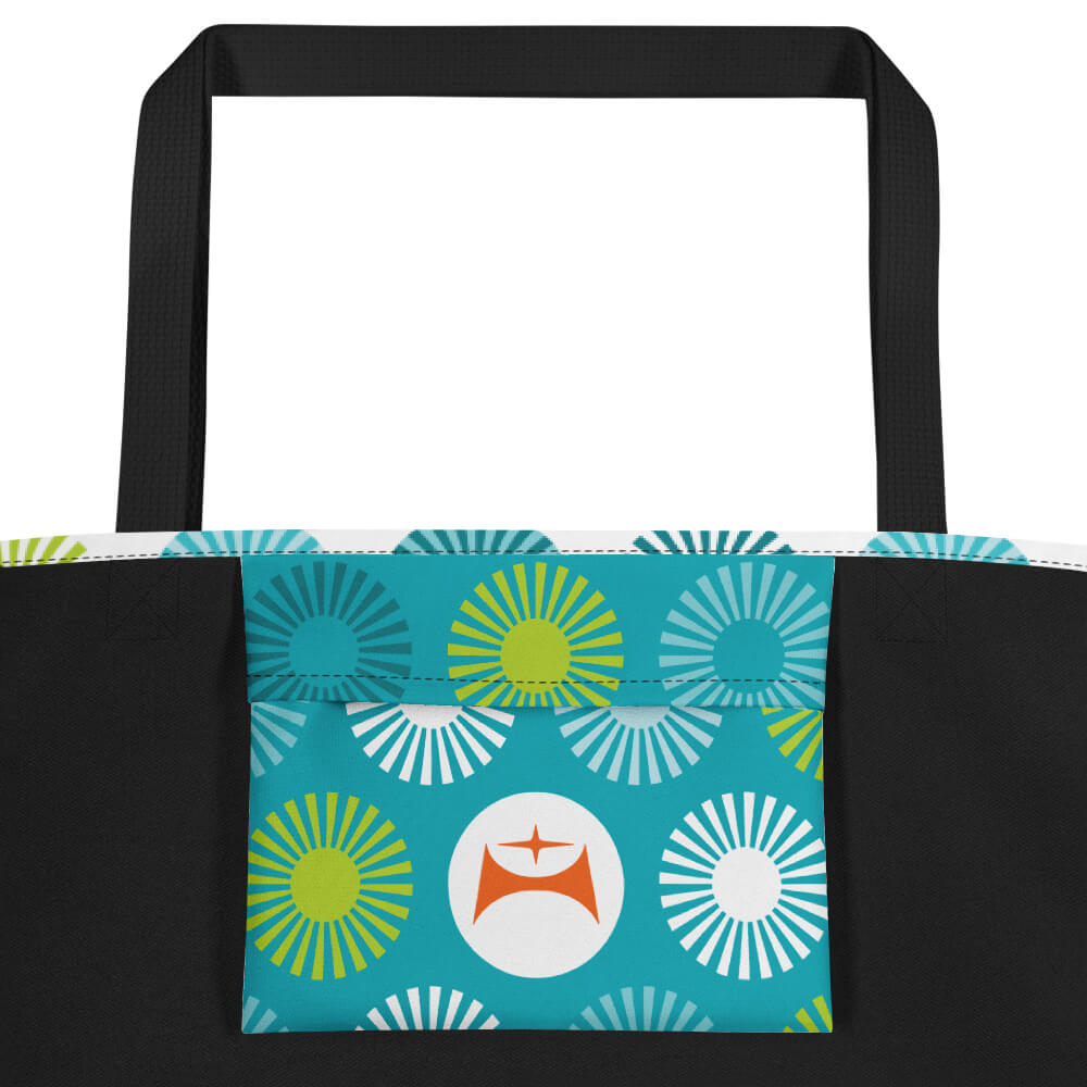 Mid Century Modern Aqua FlowerPower Beach Bag inside pocket close-up