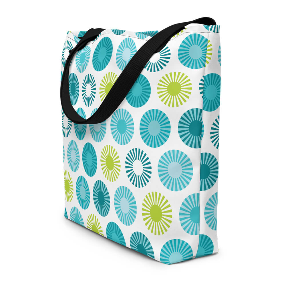 Mid Century Modern Aqua FlowerPower Beach Bag side view