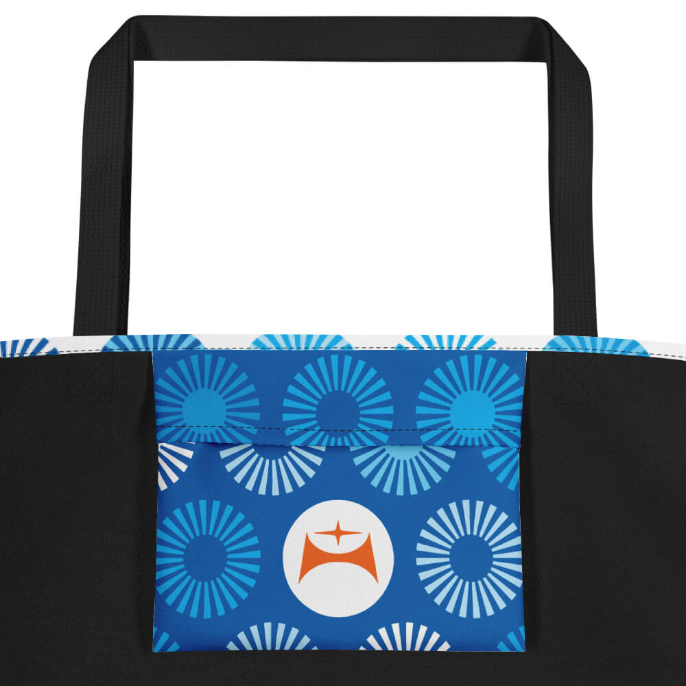 Mid Century Modern Blue FlowerPower Beach Bag inside pocket close-up