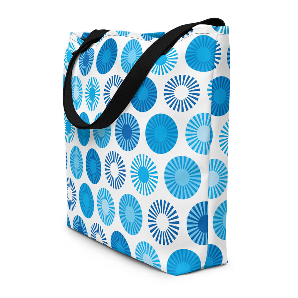 Mid Century Modern Blue FlowerPower Beach Bag side view