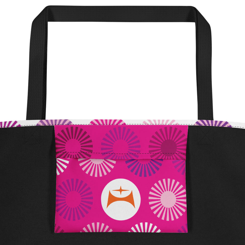 Mid Century Modern Pink FlowerPower Beach Bag inside pocket