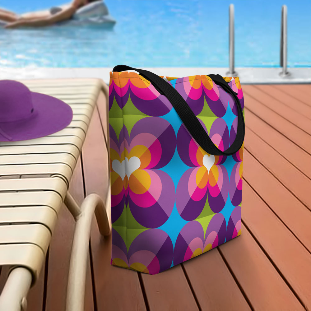 Mid Century Modern Purple Blue LoverLeaf Beach Bag on a pool deck