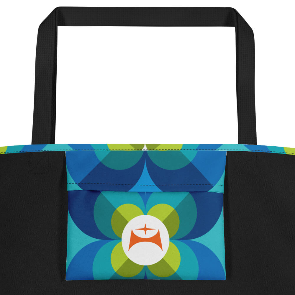 Mid Century Modern Aqua Blue LoverLeaf Beach Bag inside pocket closeup