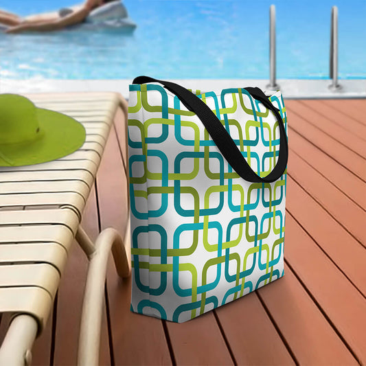 Mid Century Modern Green PanAmTrays Beach Bag on a patio deck