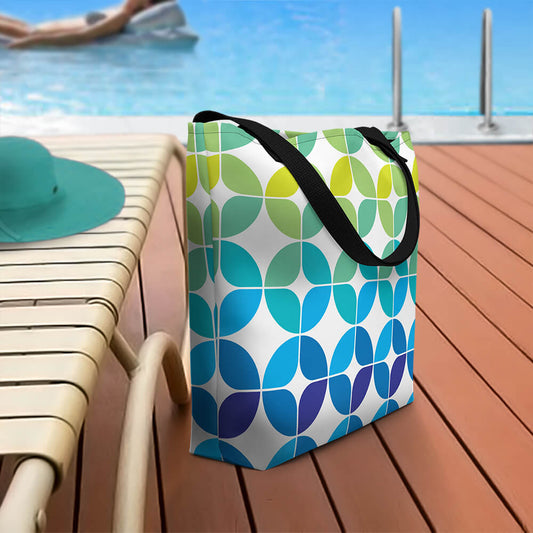 Mid Century Modern Blue Aqua StarChips Beach Bag on a pool deck
