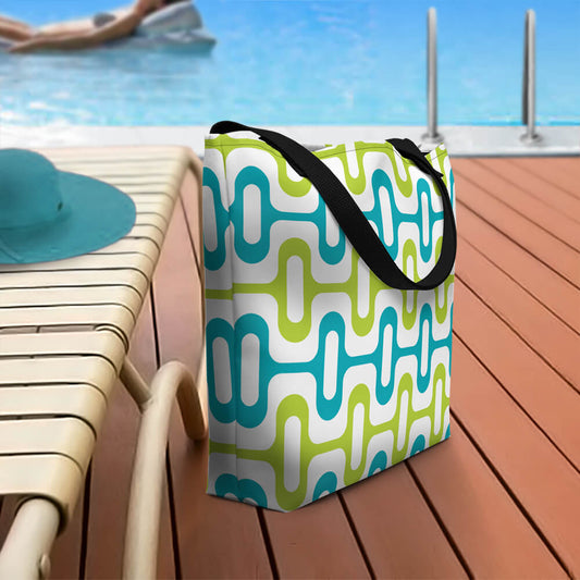 Mid Century Modern Aqua Green ZipperDee Beach Bag on a patio deck