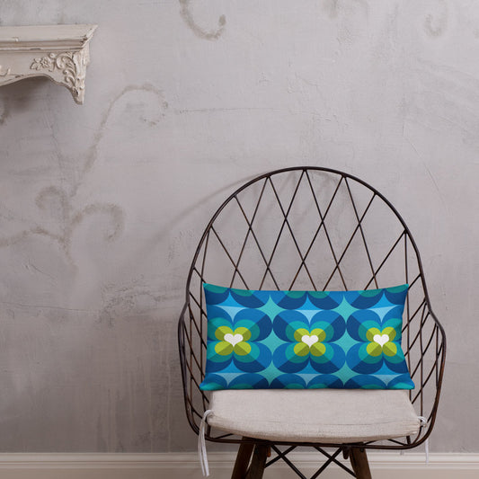 Mid Century Modern Aqua Blue LoverLeaf 20" x 12" Rectangular Cushion Throw Pillow on a chair