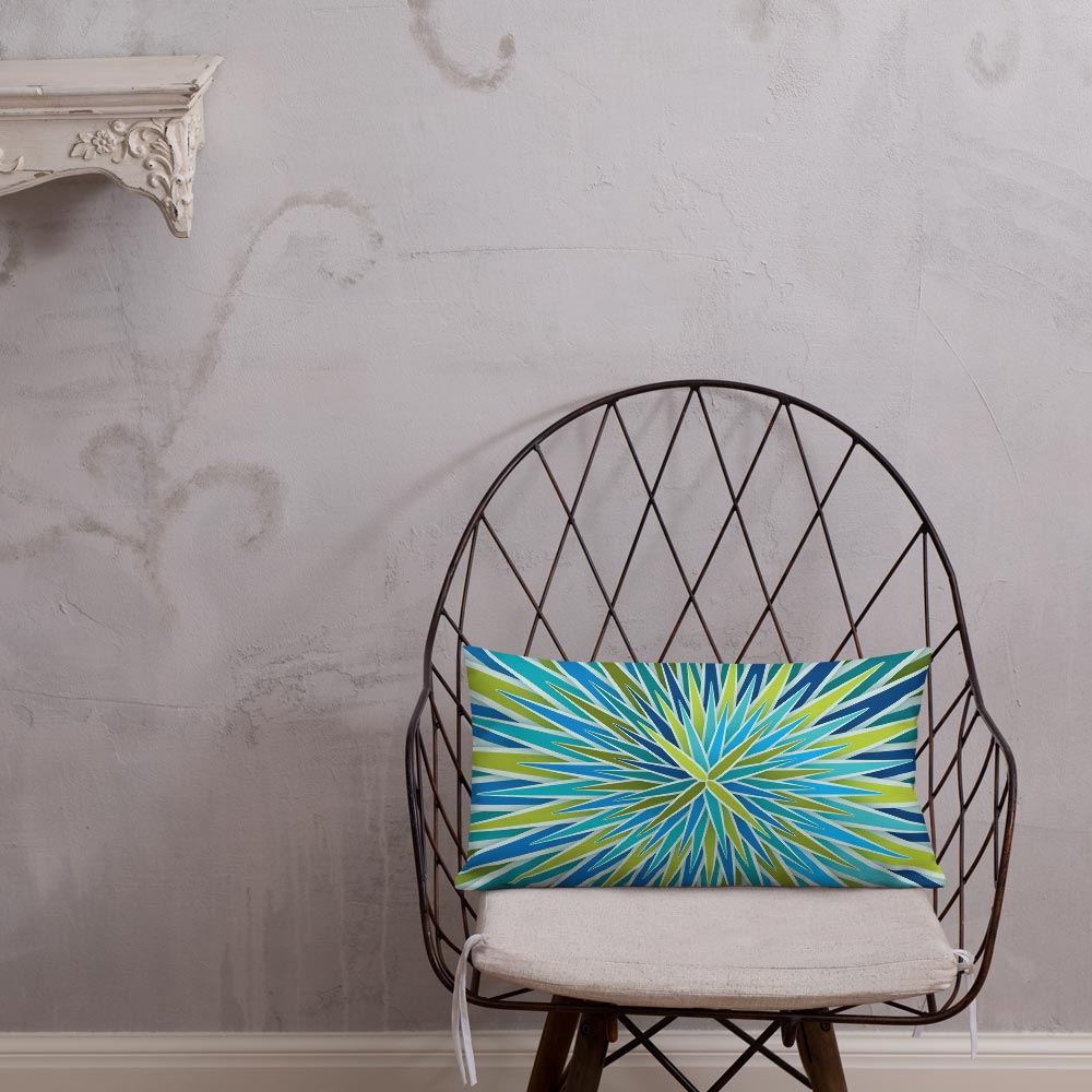 Mid Century Modern Aqua Green SpiroBurst 20" x 12" Rectangular Throw Pillow on a chair