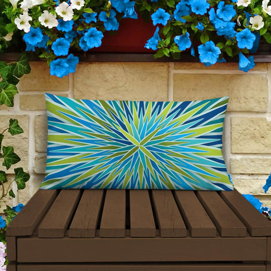 Mid Century Modern Aqua Green SpiroBurst 20" x 12" Rectangular Throw Pillow on a patio bench