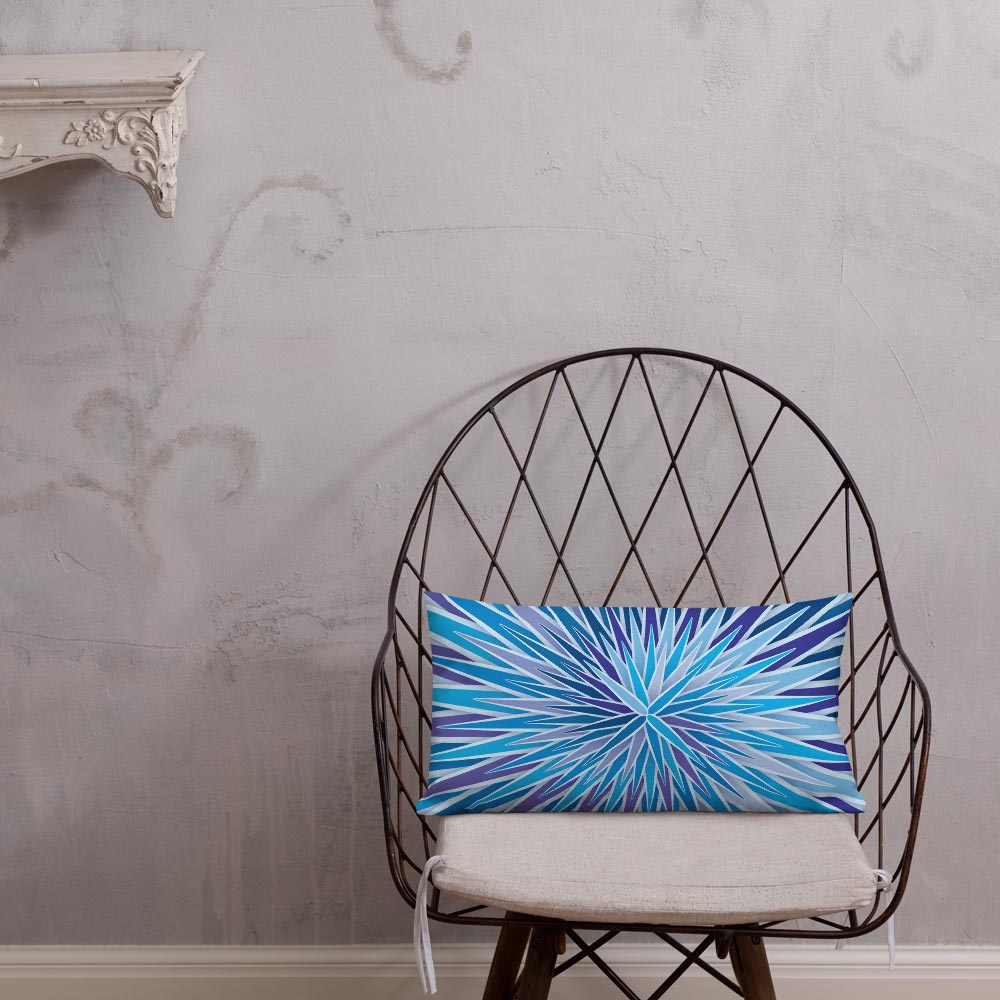Mid Century Modern Blue Indigo SpiroBurst 20" x 12" Rectangular Throw Pillow on a chair