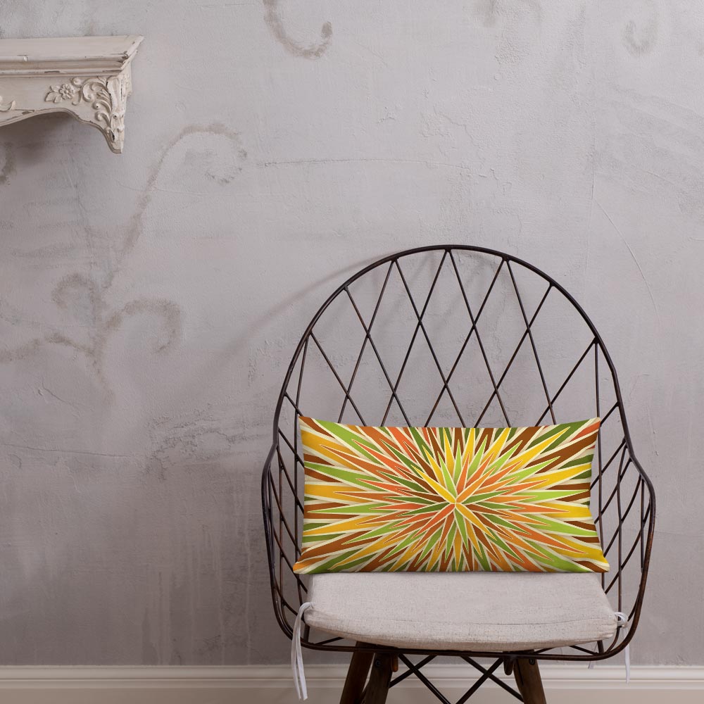 Mid Century Modern Orange Green SpiroBurst 20" x 12" Rectangular Throw Pillow on a chair