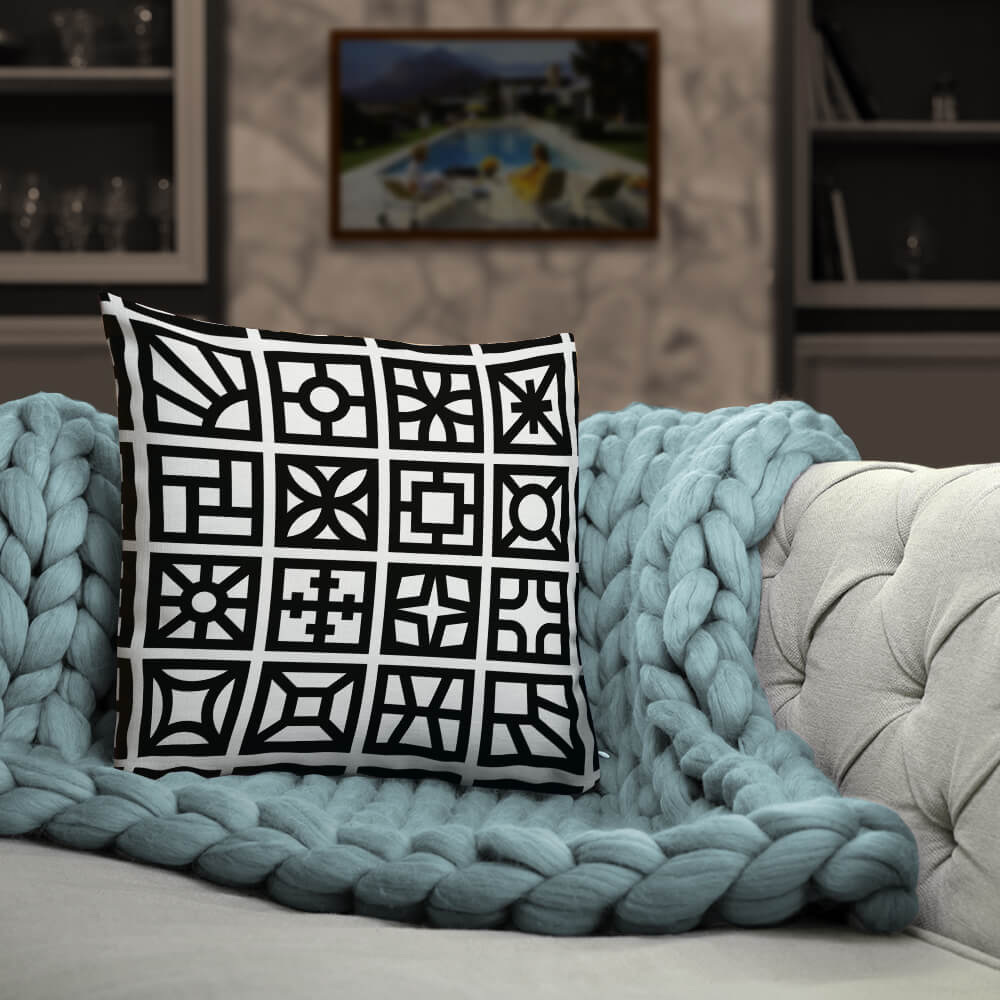 Copy of Mid Century Modern Black and White Breeze Blocks 18" Square Throw Pillow on a sofa