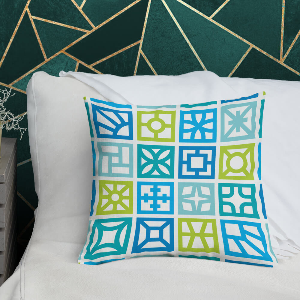 Mid Century Modern Blue Breeze Blocks 18" Square Throw Pillow on a bed