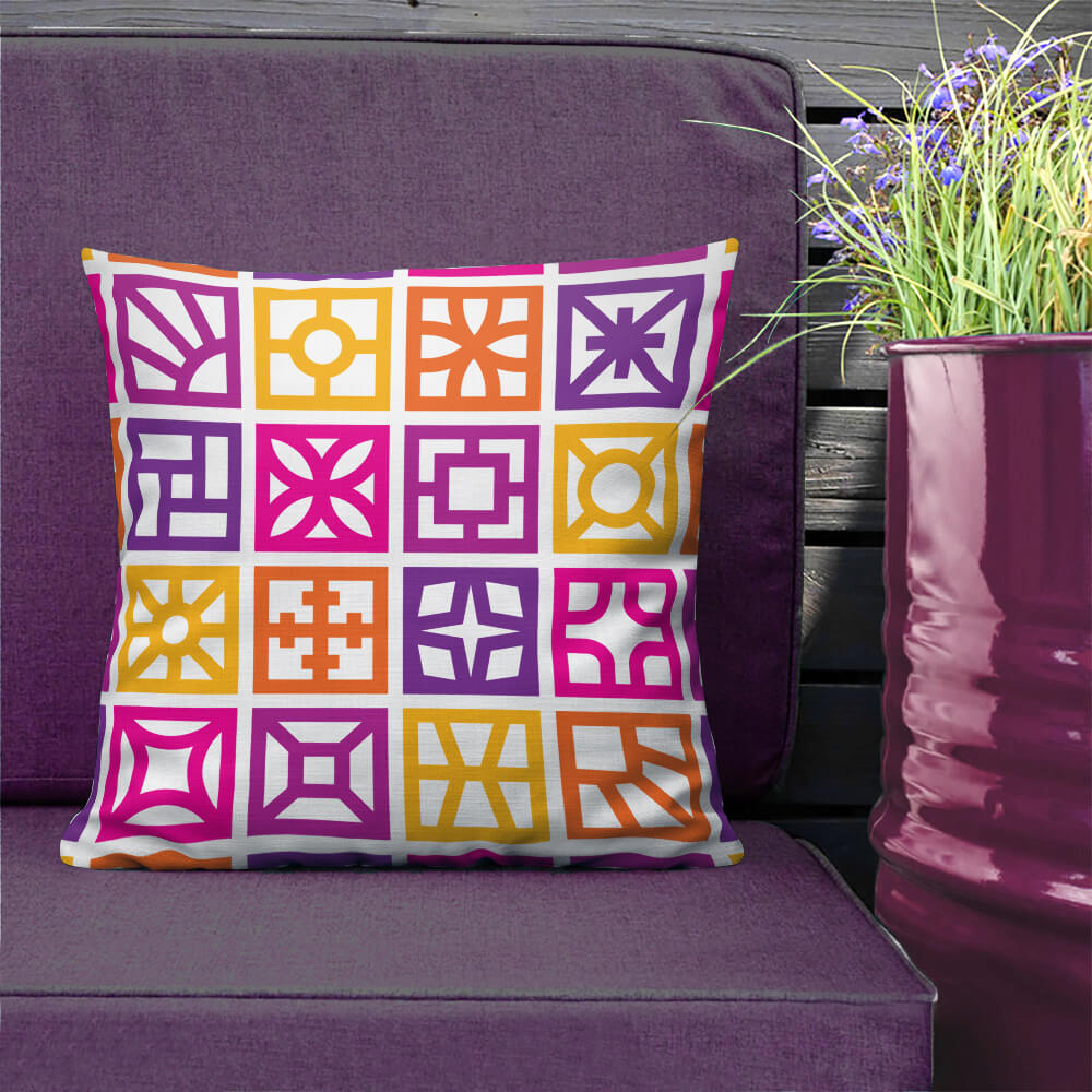 Mid Century Modern Orange Breeze Blocks 18" Square Throw Pillow on a patio bench