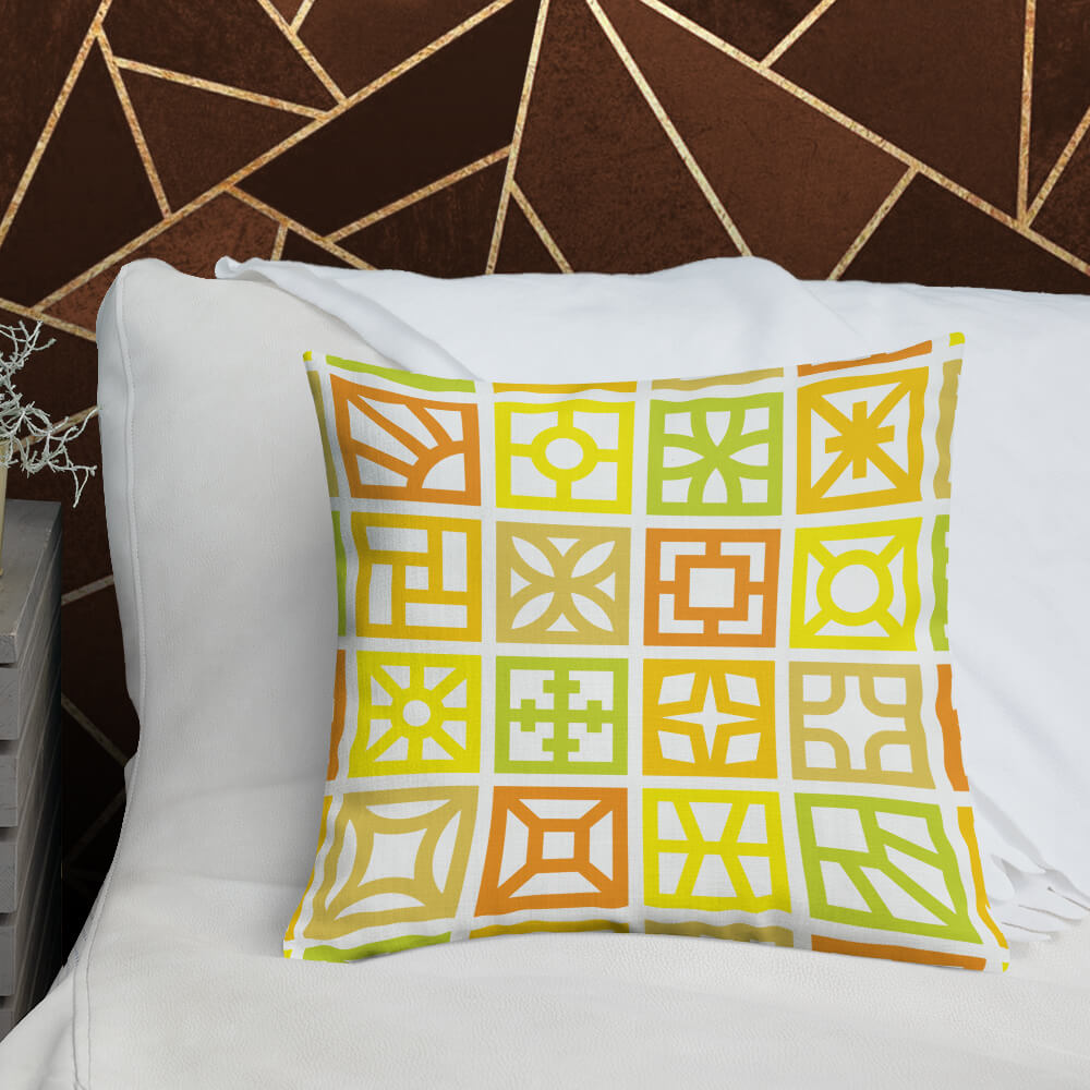 Mid Century Modern Yellow Breeze Blocks 18" Square Throw Pillow on a bed