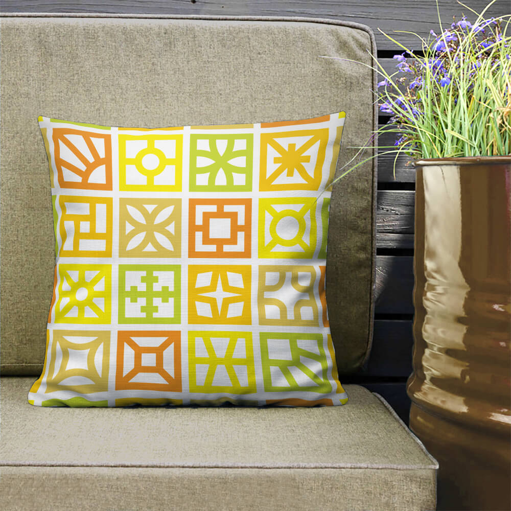 Mid Century Modern Yellow Breeze Blocks 18" Square Throw Pillow on a patio bench