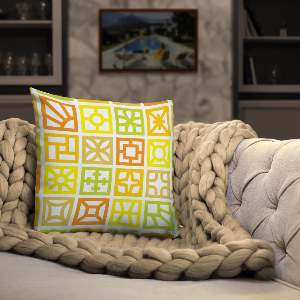Mid Century Modern Yellow Breeze Blocks 18" Square Throw Pillow on a sofa