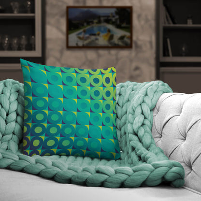 Mid Century Modern Aqua Green LifeSavers 18" Square Throw Pillow on a sofa